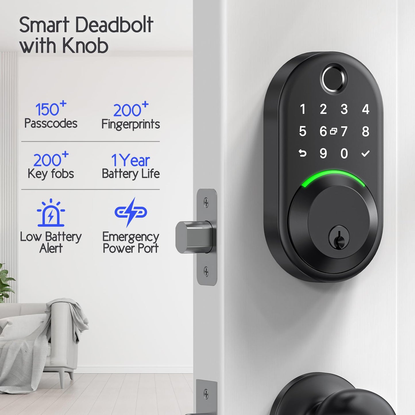 Keypad Smart Lock with Knob Set,Keyless Entry Door Lock Deadbolt with Handle,Front Door Lock Set,Fingerprint Door Lock for Front Door,Electronic Code Deadbolt Set, Auto Lock