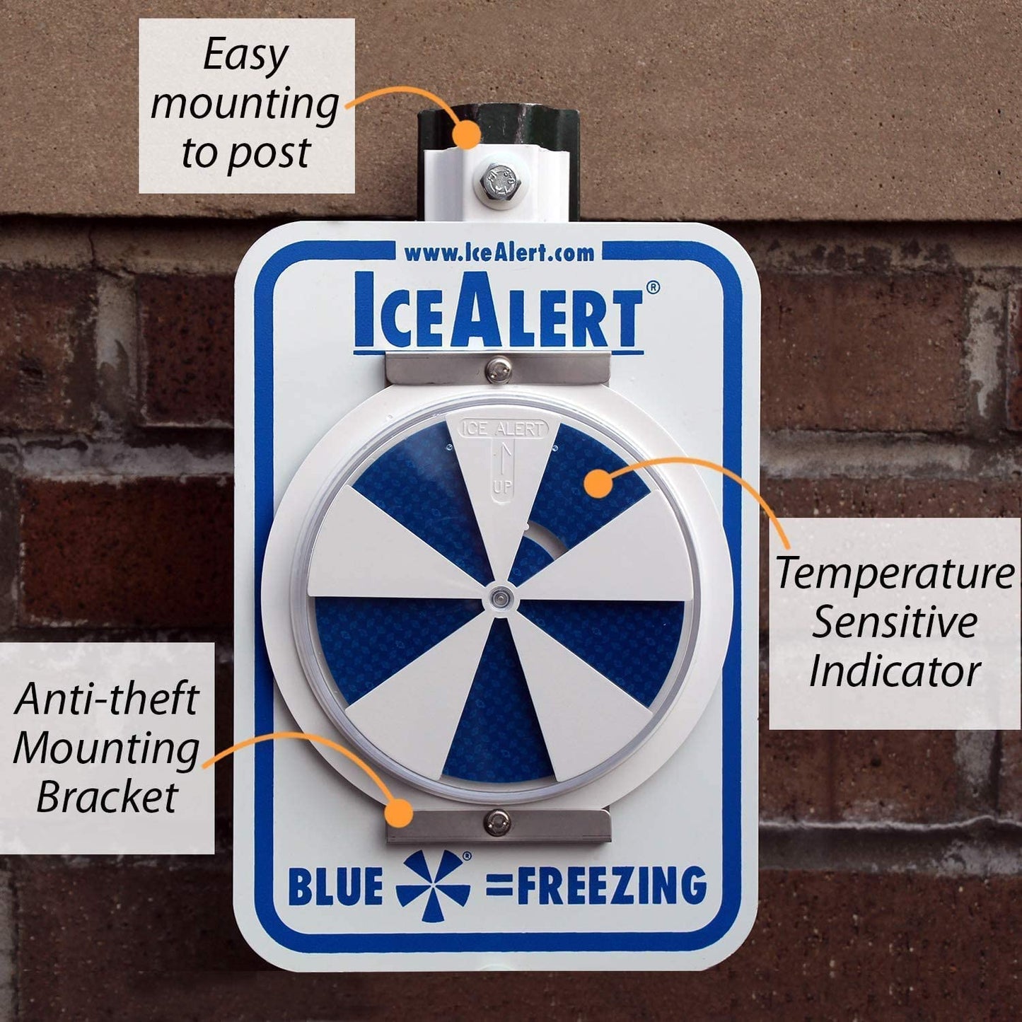 SmartSign 4-Pack Ice Alert Sign - 12 x 7 inch, Universal Mount Temperature Sensitive Indicator with Post-Section Bracket, 40 mil Rustproof Aluminum, Blue, Grey and White, Made in USA