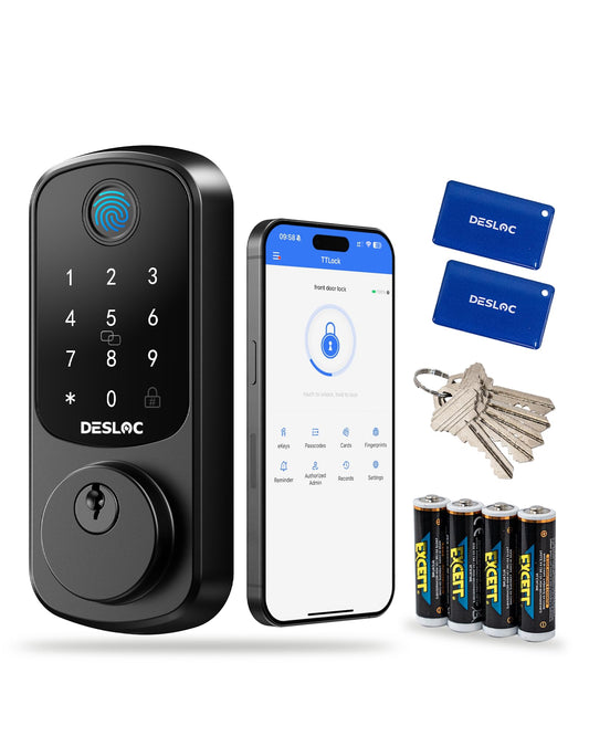 DESLOC B200 Fingerprint Smart Door Lock, Keyless Entry Door Lock, App Control, Smart Locks for Front Door, Smart Deadbolt Lock, Touchscreen Keypad, Emergency Power Port, 12 Months Battery, IP54