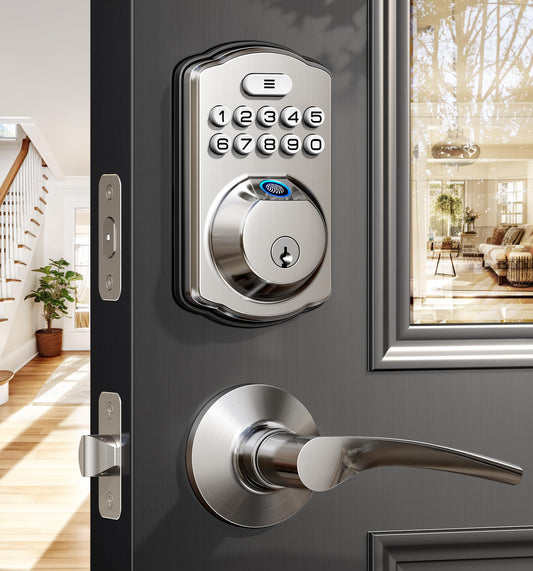 Veise Fingerprint Door Lock with 2 Lever Handles - Keyless Entry Door Lock, Electronic Keypad Deadbolt & Front Door Lock Handle Sets, Auto Lock, Easy Installation, Satin Nickel